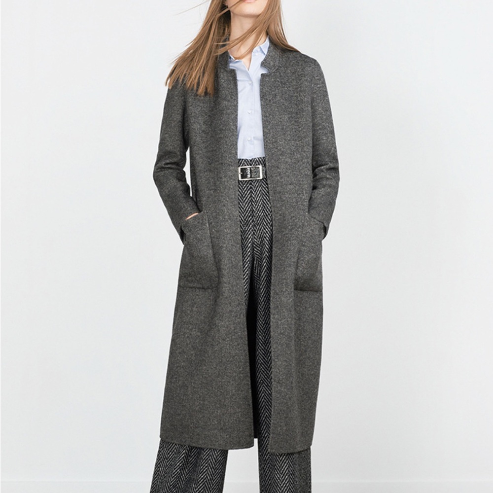 Zara Gray Wool Longline Open Front Coat Sleek Oversized Formal Chore Pocket Y2K